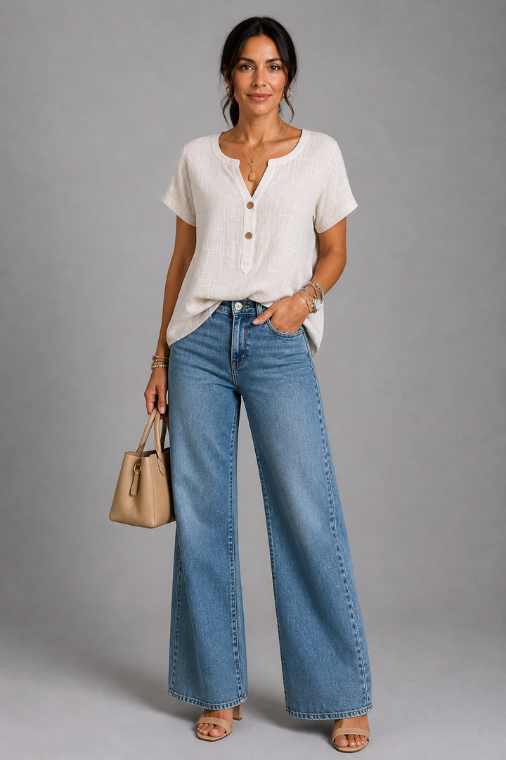 Deborah Button V-Neck Top