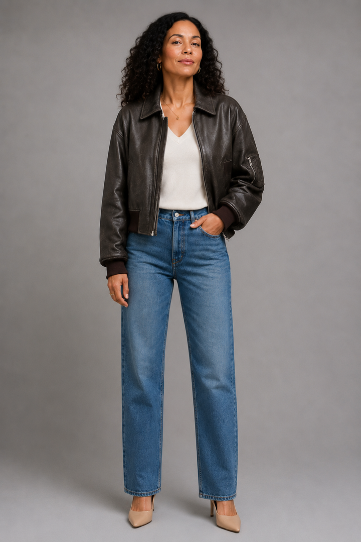 Donna Leather-Look Bomber Jacket