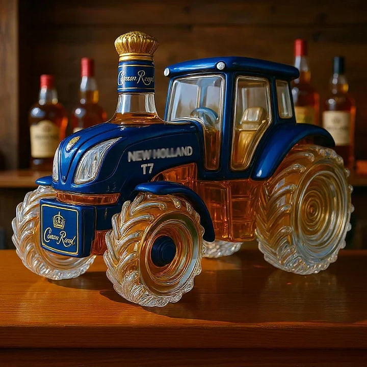 A classic whisky bottle in the shape of a New Holland T7 tractor