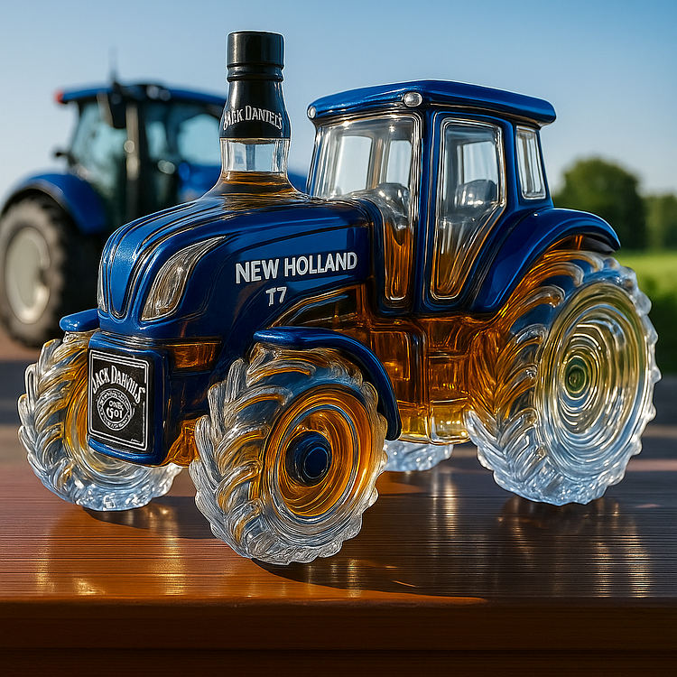 A classic whisky bottle in the shape of a New Holland T7 tractor