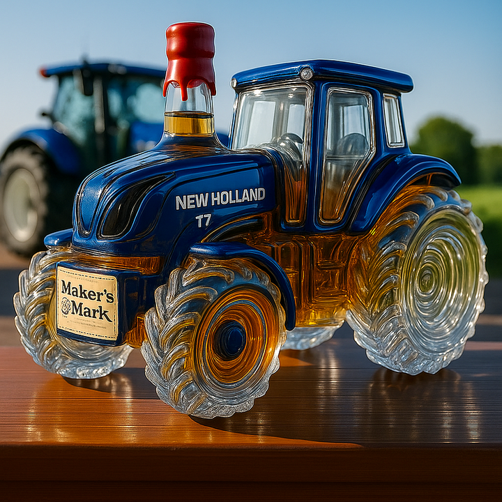 A classic whisky bottle in the shape of a New Holland T7 tractor