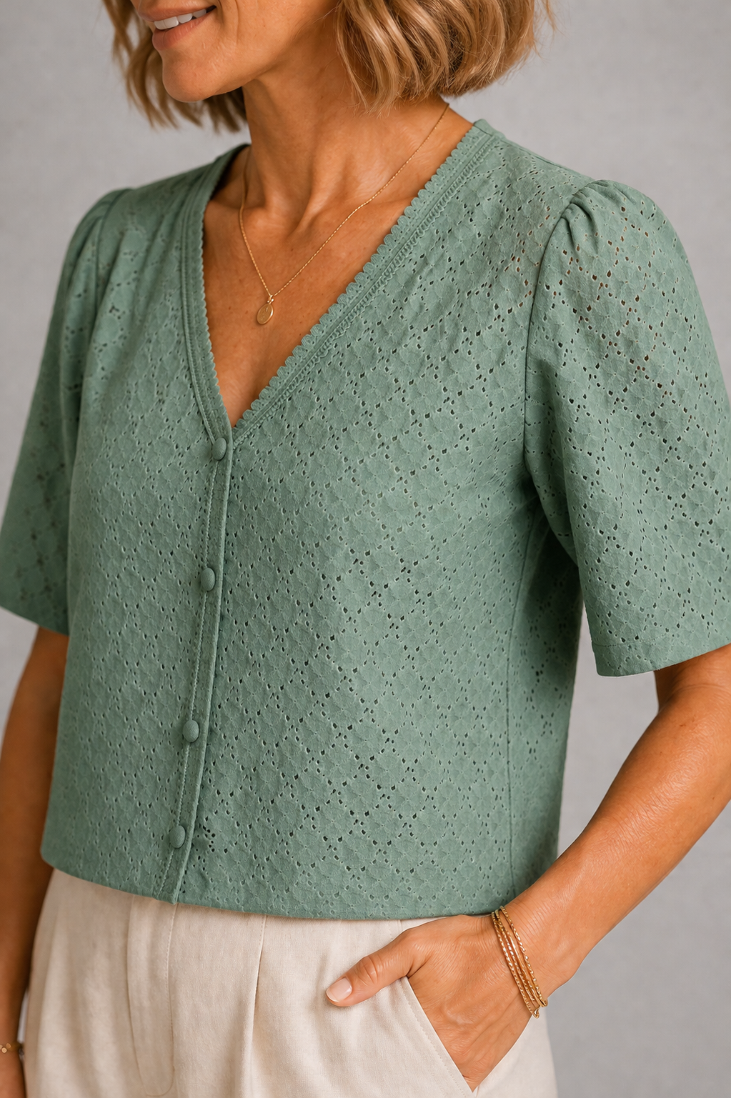 Jean Textured V-Neck Top
