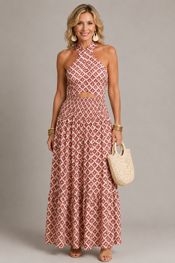 Jacqueline Geometric Halter Maxi Dress