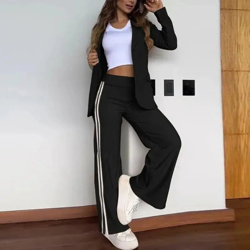 Elegant Women's Striped 2-Piece Set – Classic Shirt & Wide-Leg Pants