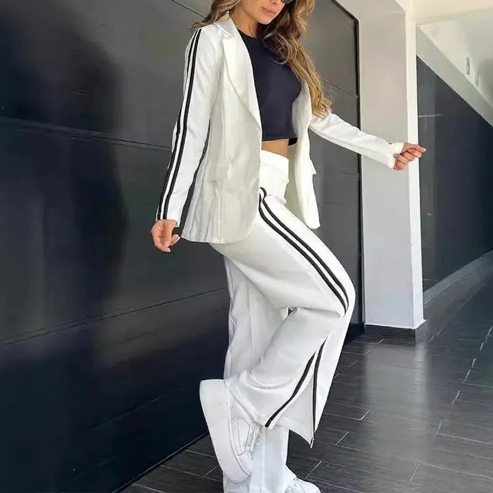 Elegant Women's Striped 2-Piece Set – Classic Shirt & Wide-Leg Pants