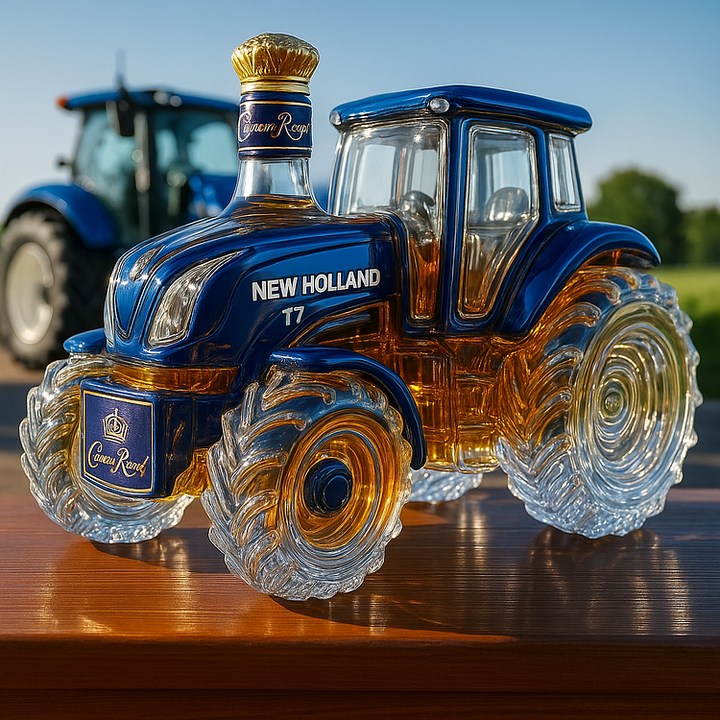 A classic whisky bottle in the shape of a New Holland T7 tractor