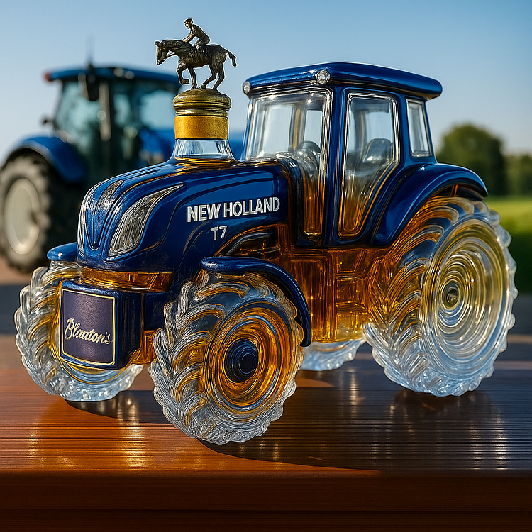 A classic whisky bottle in the shape of a New Holland T7 tractor